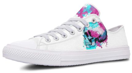 Watercolor Skull Art Low-Top Sneakers - White Artistic Footwear