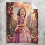 Rose Pink Princess - Gifts For Daughter, Little Girls - Custom Face & Name - Personalized Photo Blanket Big Size - Image 2